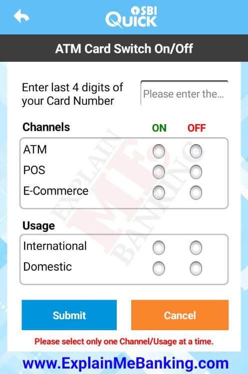 SBI ATM Card On / Off Facility