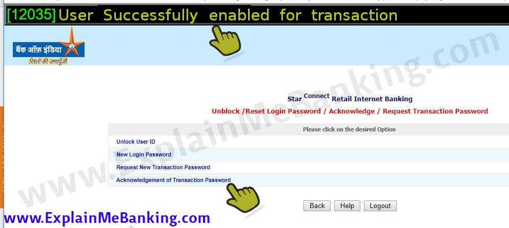 BOI Transaction Password Activation Successfully