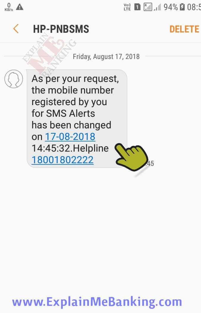 PNB Mobile Number Registration Confirmation Message