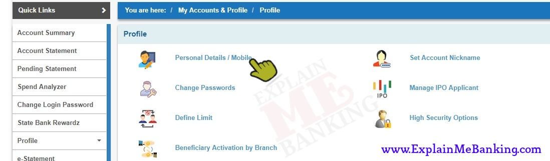 SBI Personal Details / Mobile