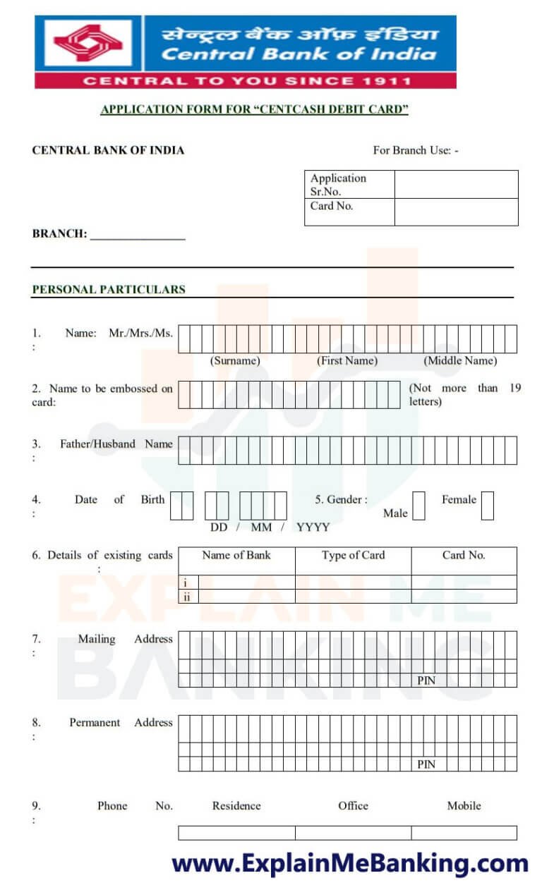 Central Bank Of India ATM Card Application Form PDF Download