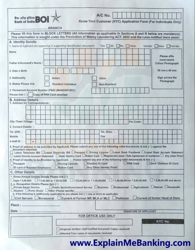 BOI Bank Of India KYC Form PDF Download